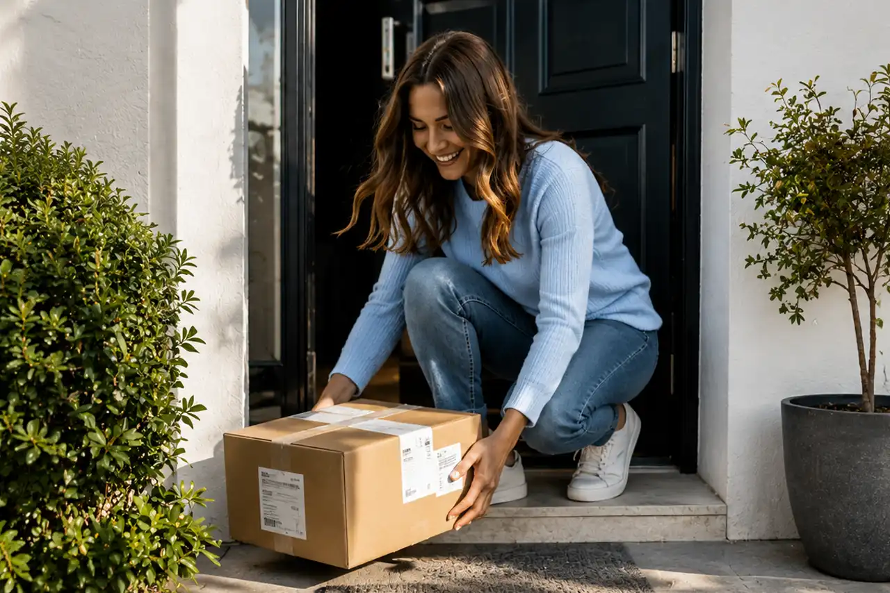 A woman picks up a parcel delivered by the post office from the floor.