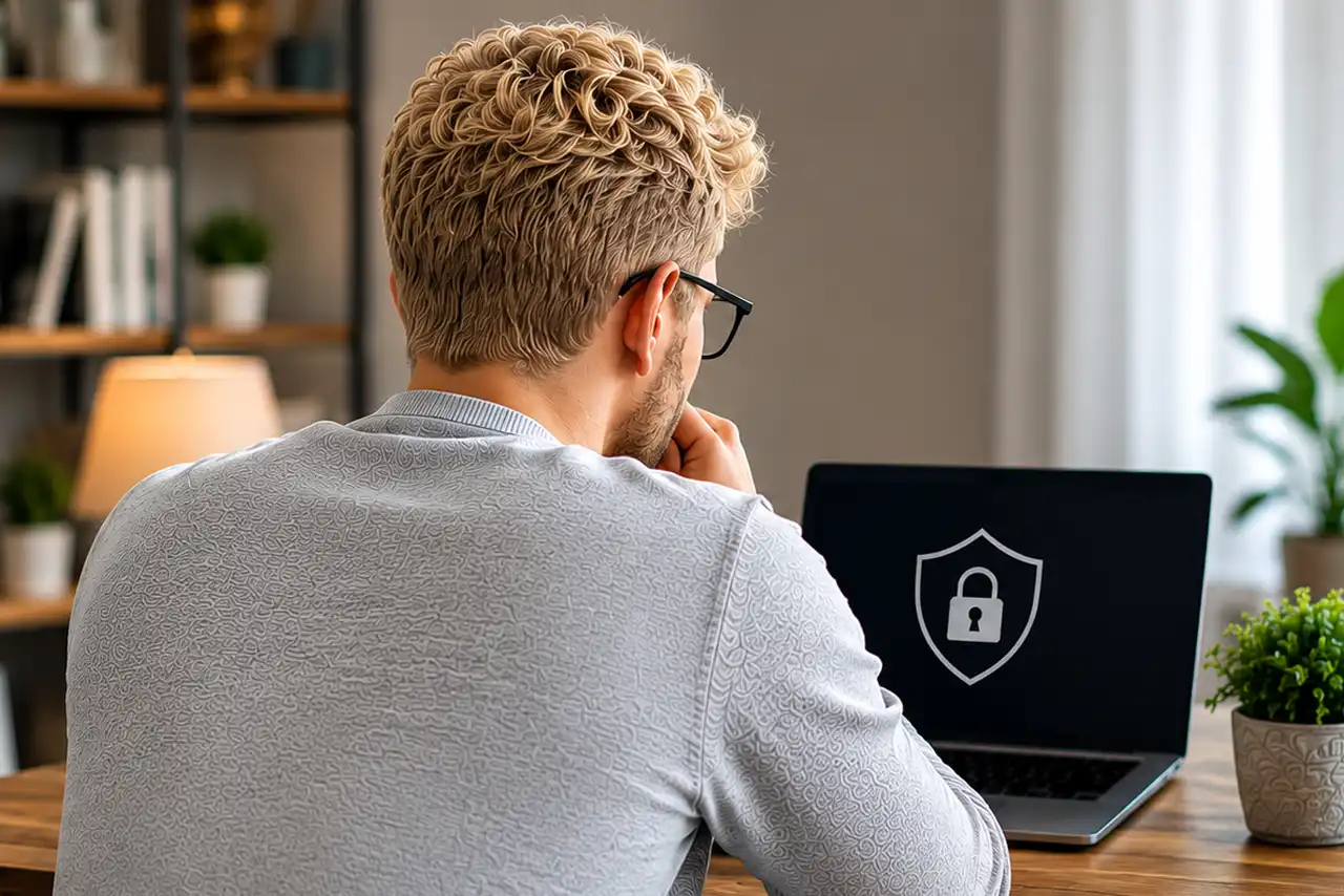 Un homme est assis à une table avec son ordinateur portable.