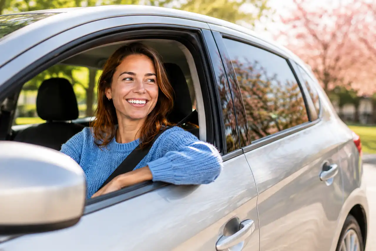 Une femme regarde par la vitre latérale de sa voiture.