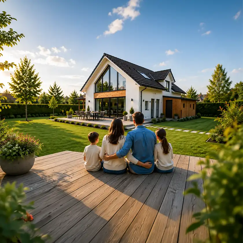 Une famille est assise dans le jardin et regarde sa maison.