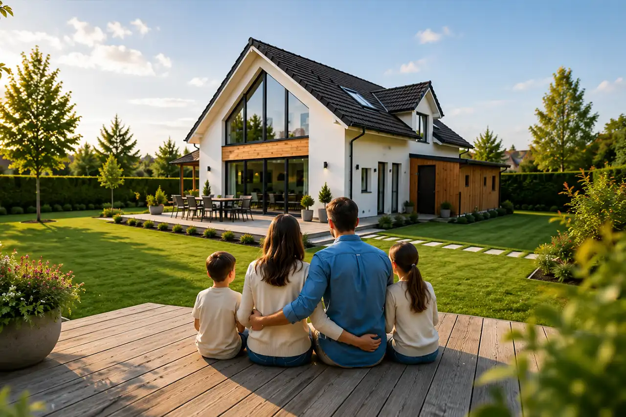 Une famille est assise dans le jardin et regarde sa maison.