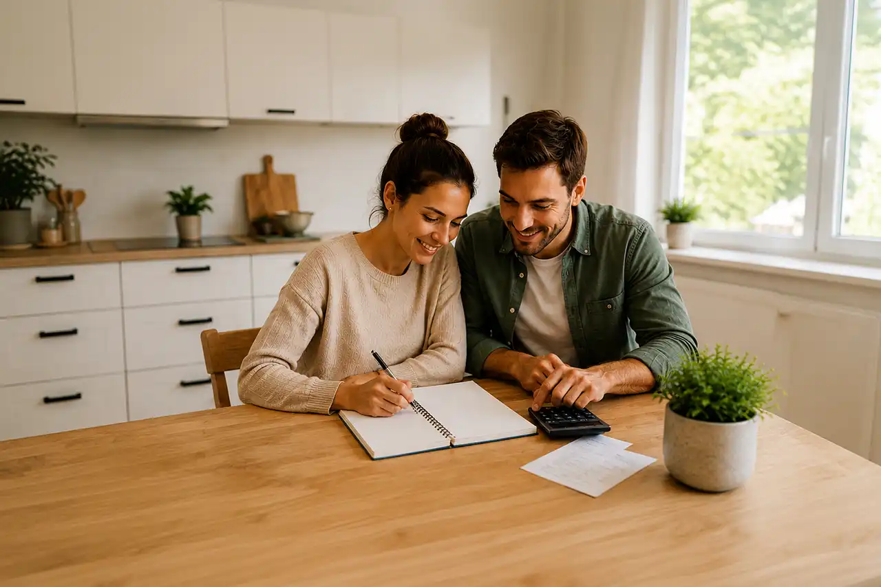 Un couple est assis à table et examine des documents.