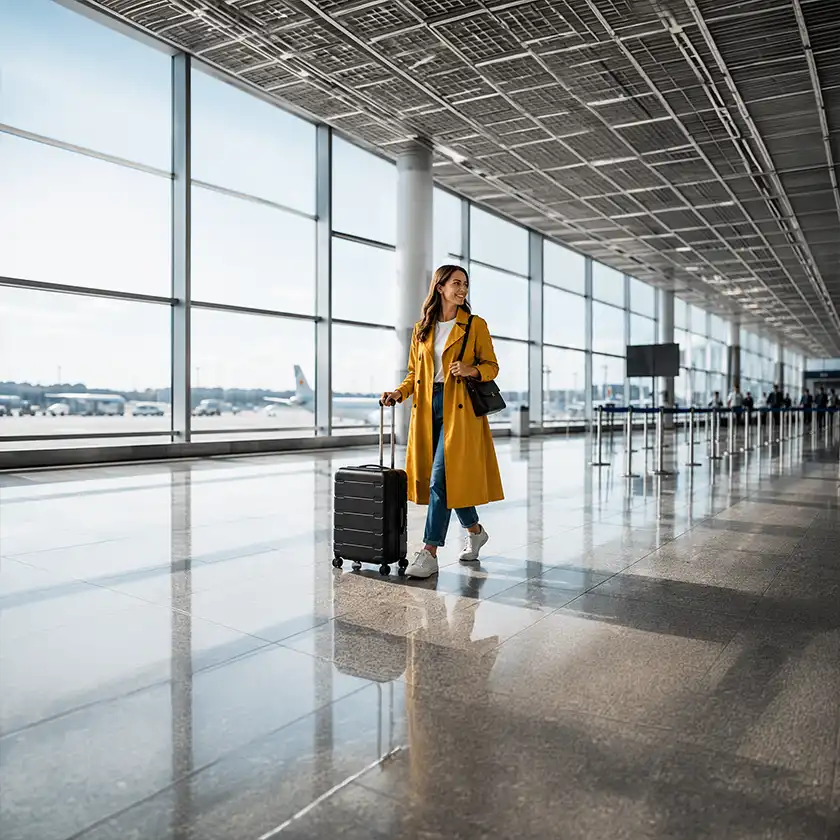 Une femme avec une valise à l'aéroport.