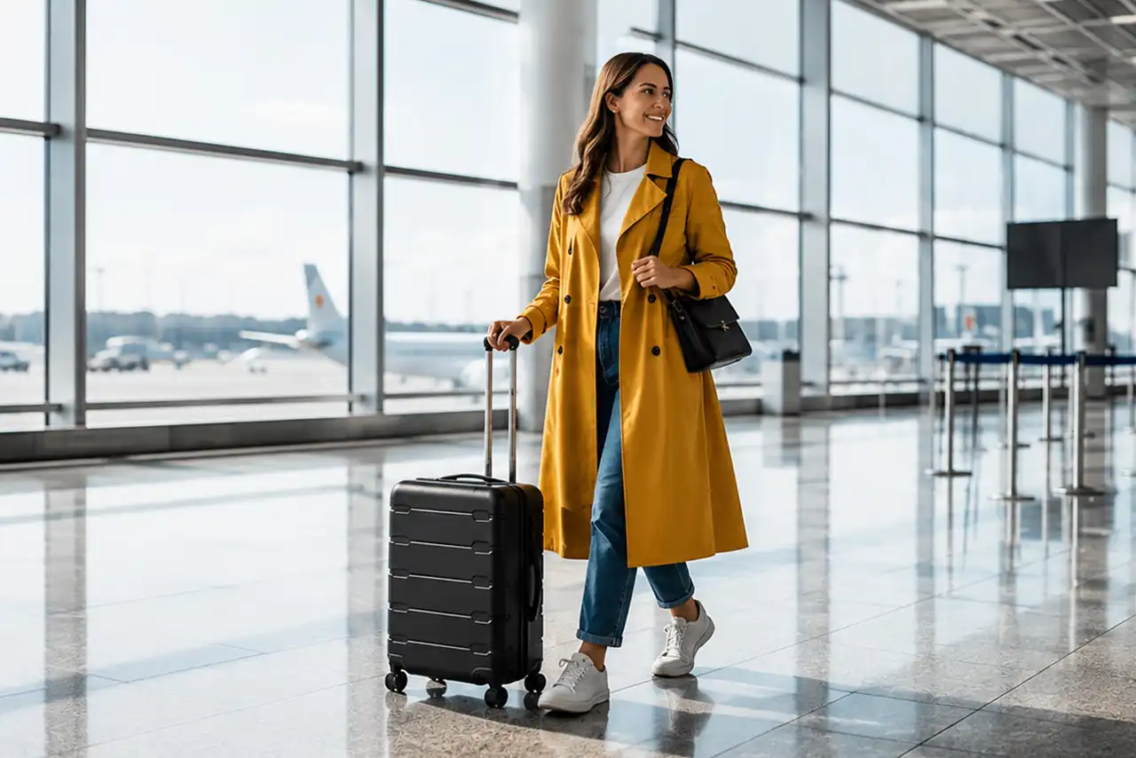 Una donna con una valigia all'aeroporto.